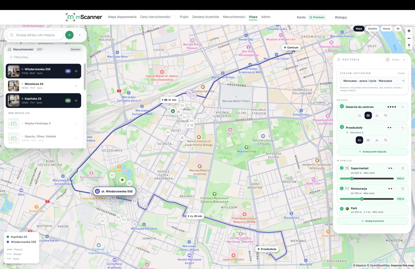Mapa dojazdów z kilku rozważanych mieszkań