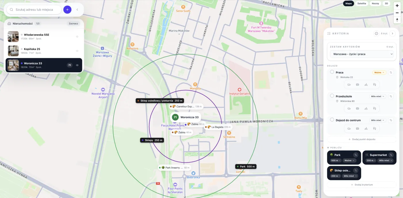 Mapa okolicy i usług w pobliżu mieszkania w mScanner